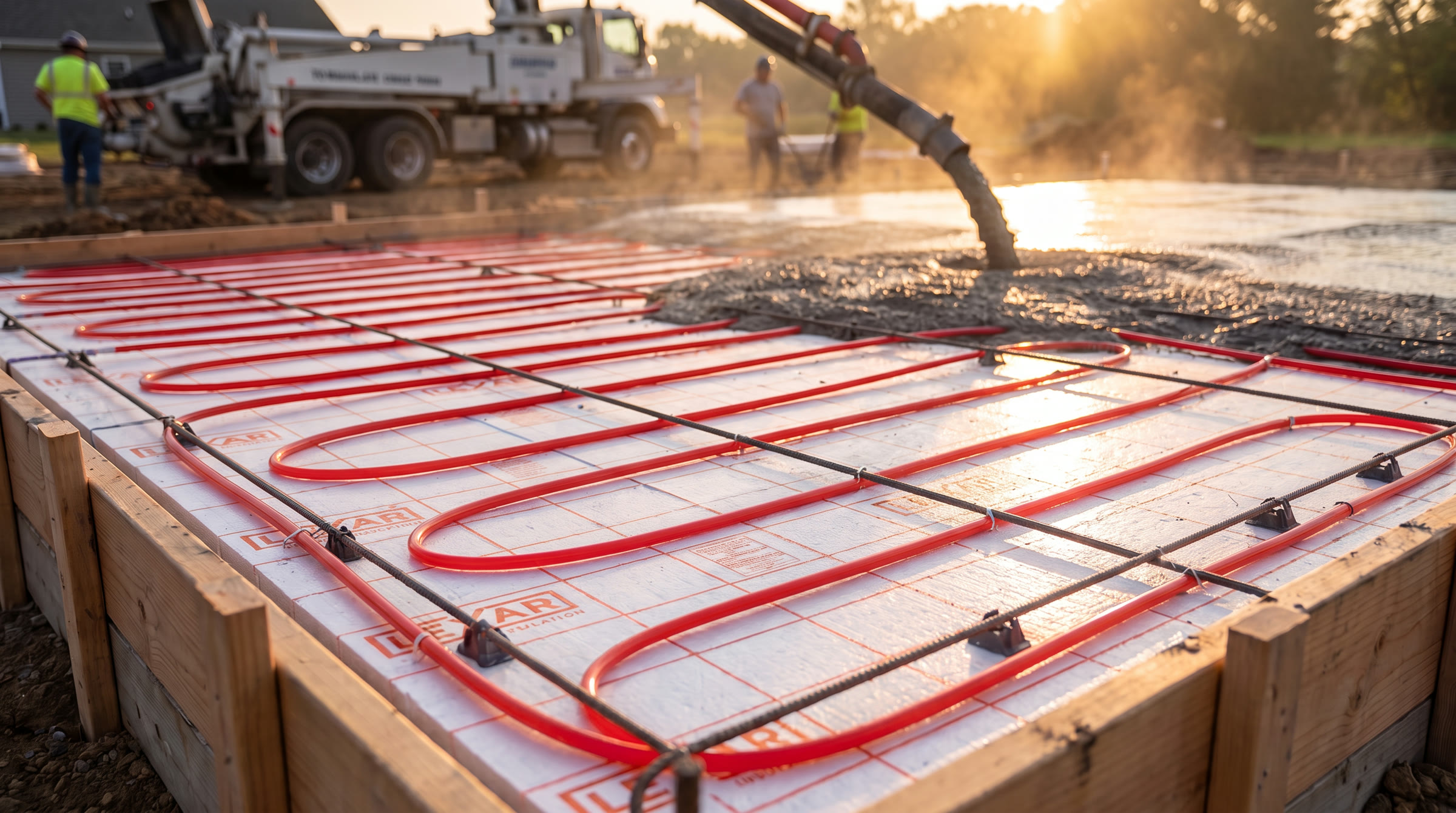 Concrete being poured over Lexar insulation and radiant PEX at sunset